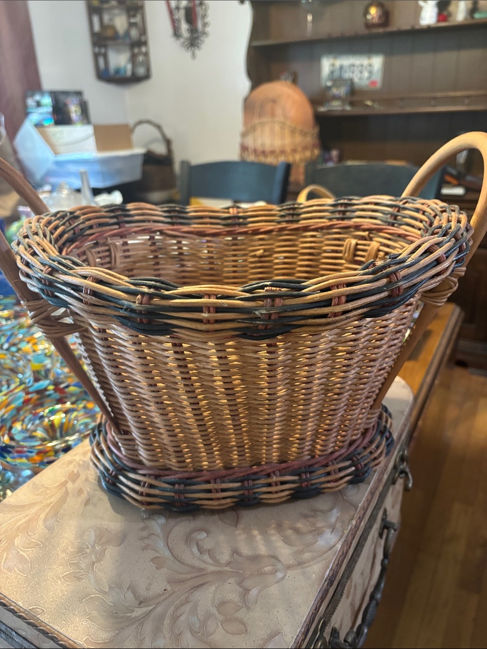 Handwoven Wicker Basket with Black and Natural Brown Accents